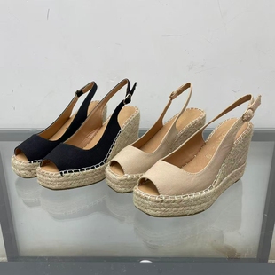 外贸原单p牌 女后绊带百搭气质高跟鞋 法式 风坡跟厚底草编鱼嘴凉鞋