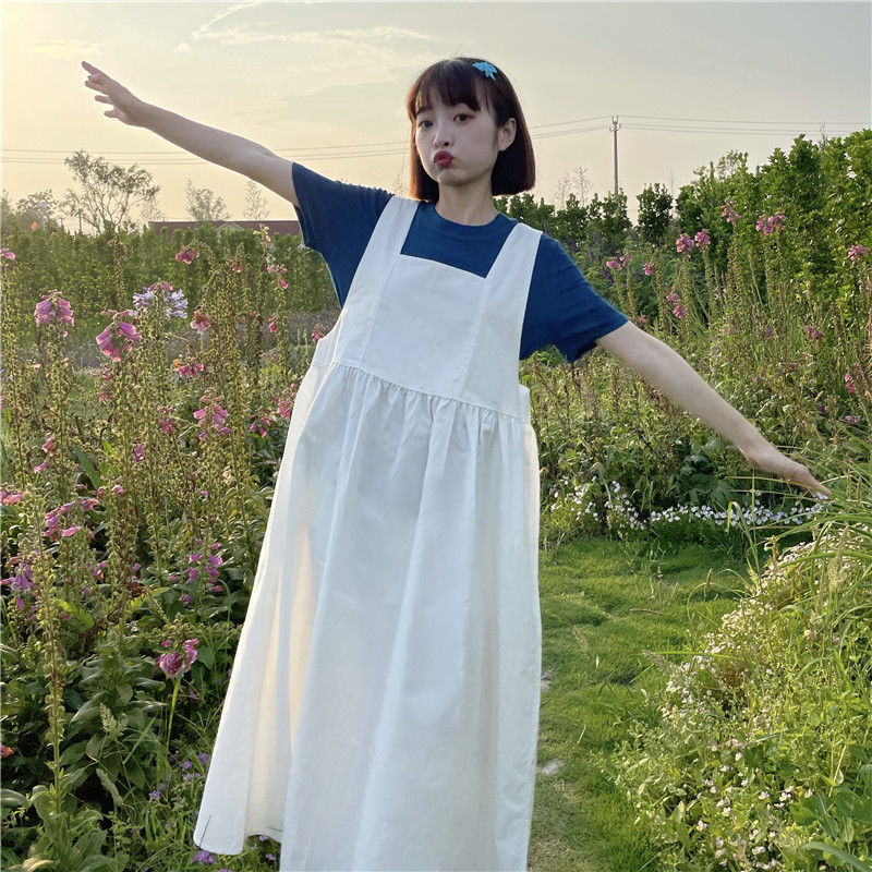 Real price simple solid color round neck T-shirt + loose vest dress