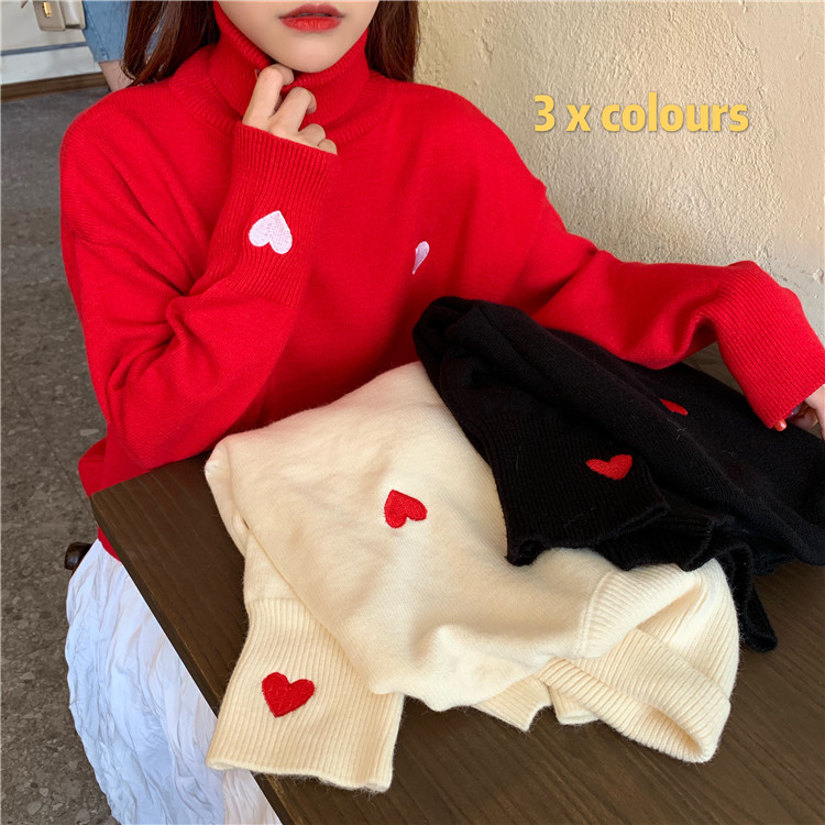 Real price solid color high collar love sweater