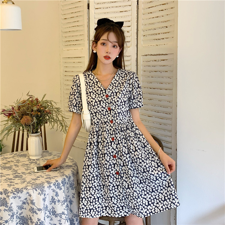 Korean simple V-neck Floral Dress