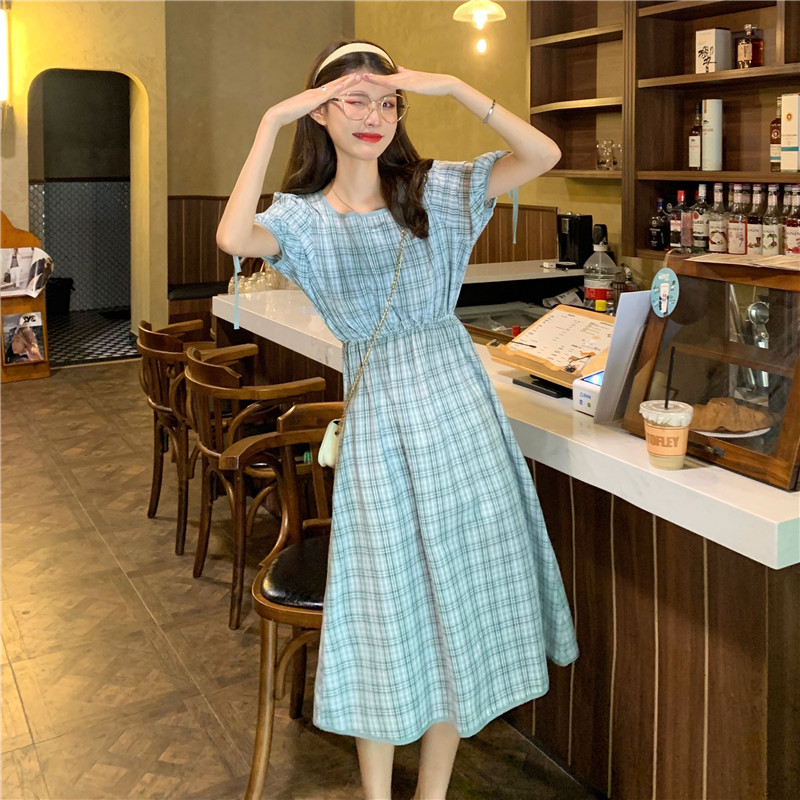 Real price simple waist long Plaid Dress
