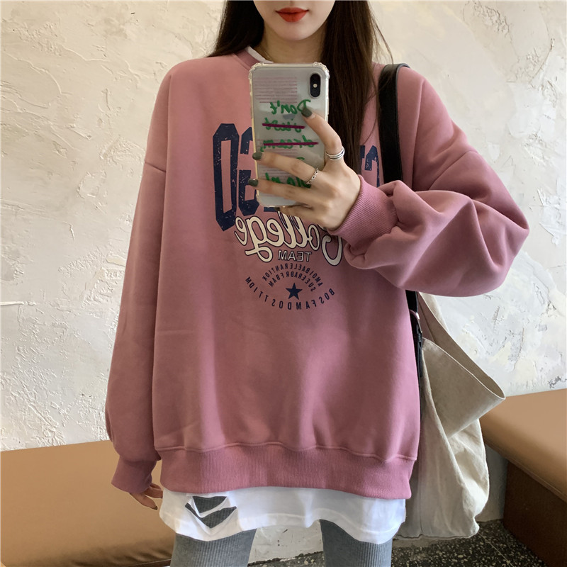 Real shot real price loose fake two piece Plush thickened printed Pullover Sweater