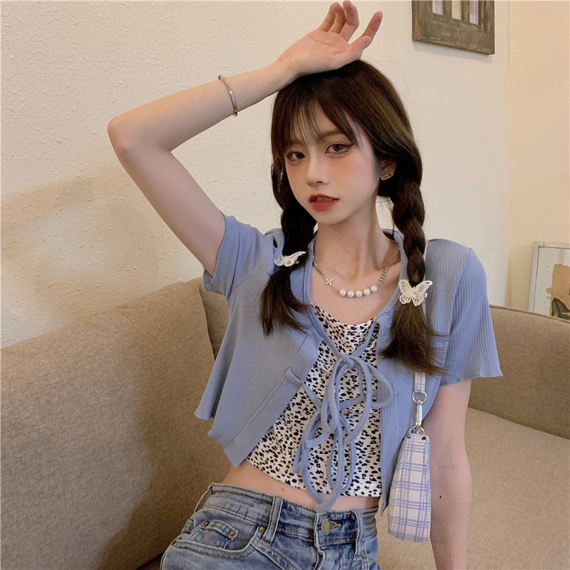 Real price leopard print sling + design feeling open navel bandage cardigan short sleeve