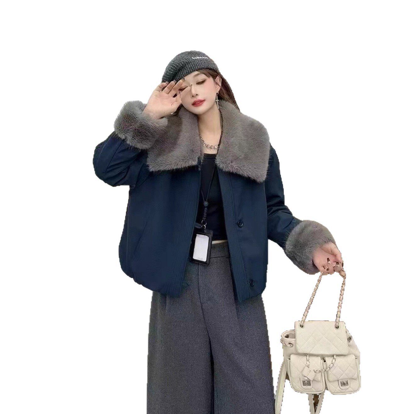 加厚皮毛一体小个子毛毛外套女装2025冬季新款宽松加绒翻领短棉衣