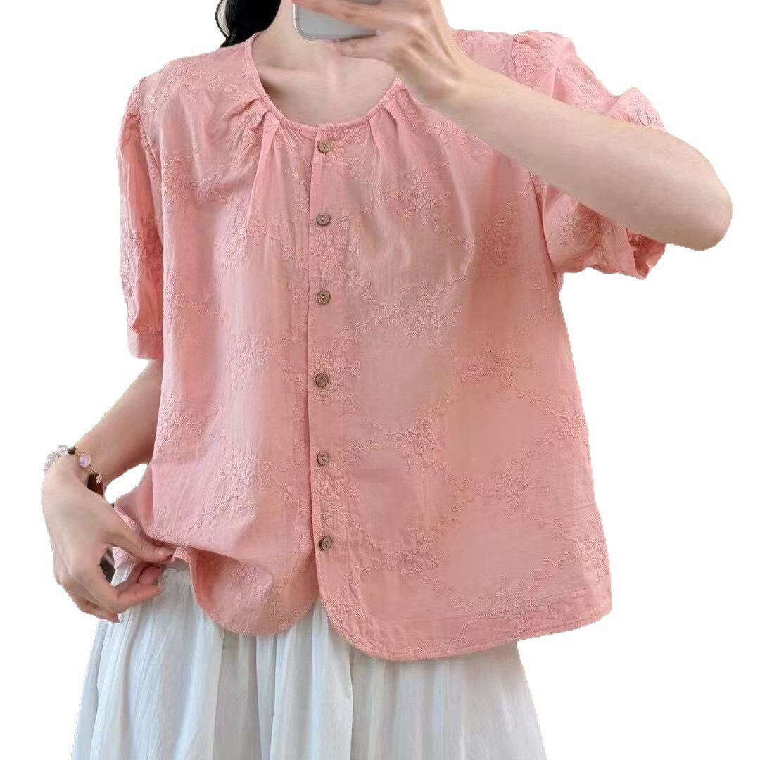2026年夏款衬衫短袖女宽松休闲韩版刺绣亲肤甜美短袖衬衣上衣薄款