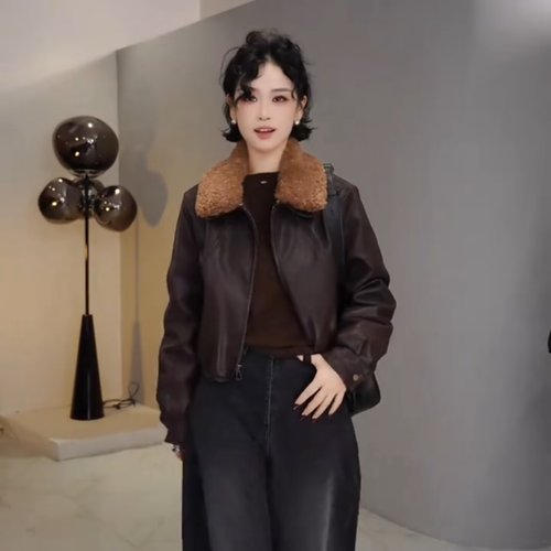 白鸭绒2025秋冬复古领口撞色拼接设计可拆卸百搭pu皮羽绒服外套女