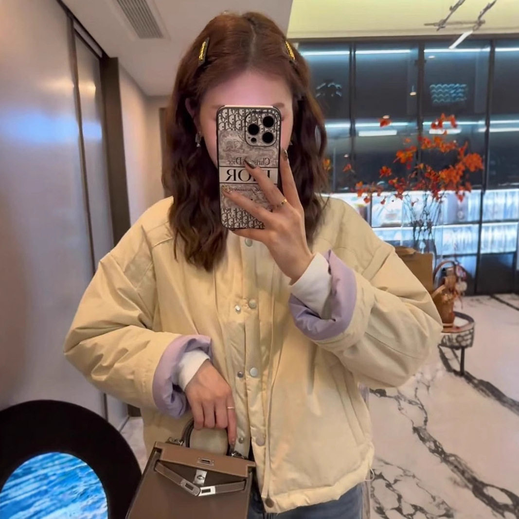 撞色加厚单排扣棉服防寒外套女2024冬季新款韩版宽松显瘦小个子