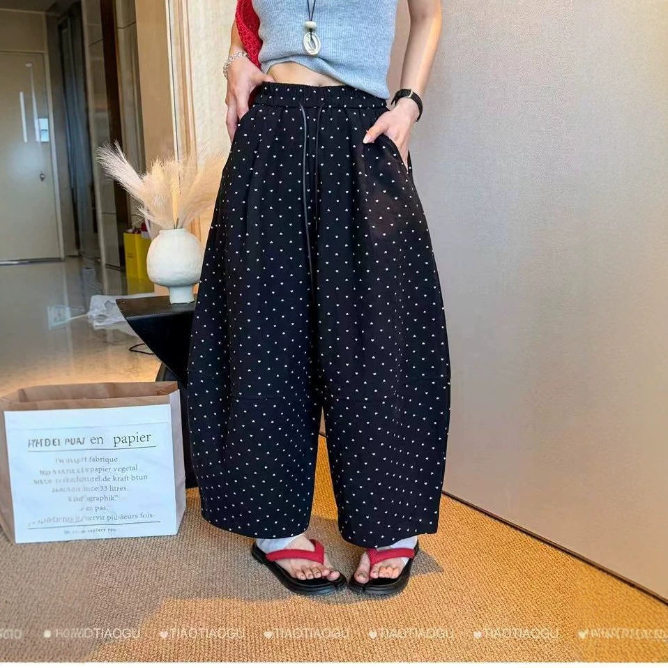 韩版爱心印花九分阔腿裤女2026夏季宽松休闲气球裤小个子黑色裤子