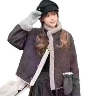上衣 宽松显瘦百搭加厚保暖毛呢一体外套女短款 爆款 25圣诞节韩版