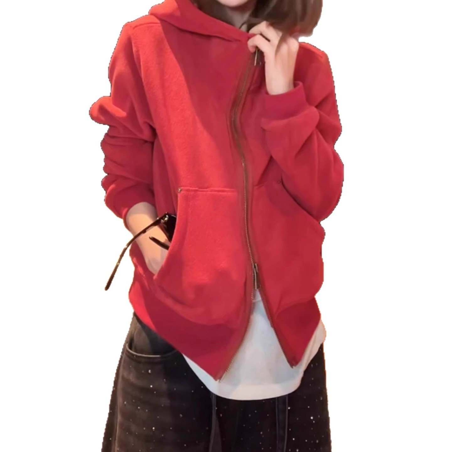 美式复古加绒连帽双拉链卫衣外套女秋冬时尚洋气百搭短款帽衫上衣