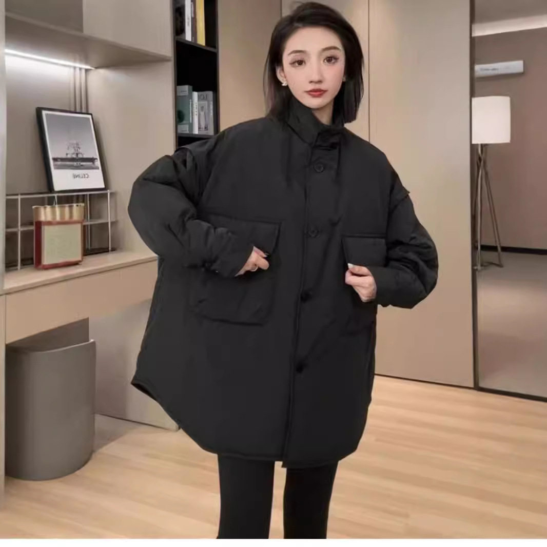 轻棉棉服女2024秋冬新款韩版宽松衬衫式棉衣时尚大口袋休闲外套潮