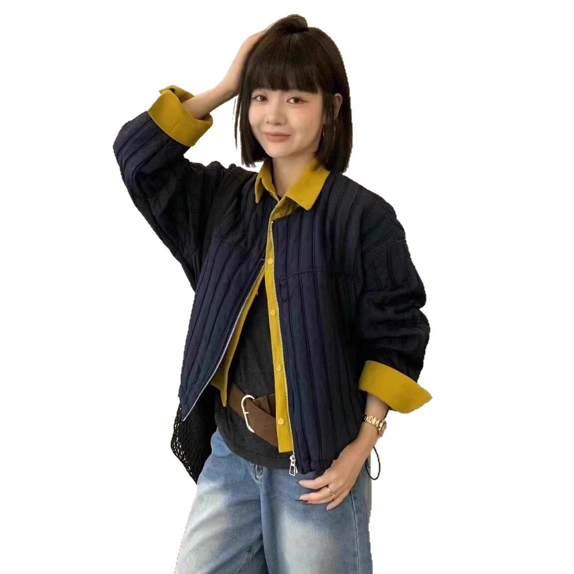 宽松拼色假两件休闲长袖棉服外套女2025秋季新款2026新款冬季热词