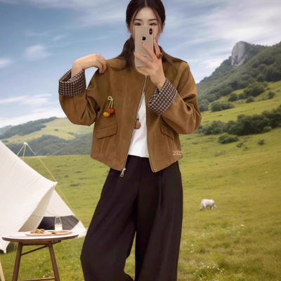 韩版时尚百搭宽松显瘦鹿皮绒格子拼接短外套女2025秋季新款休闲