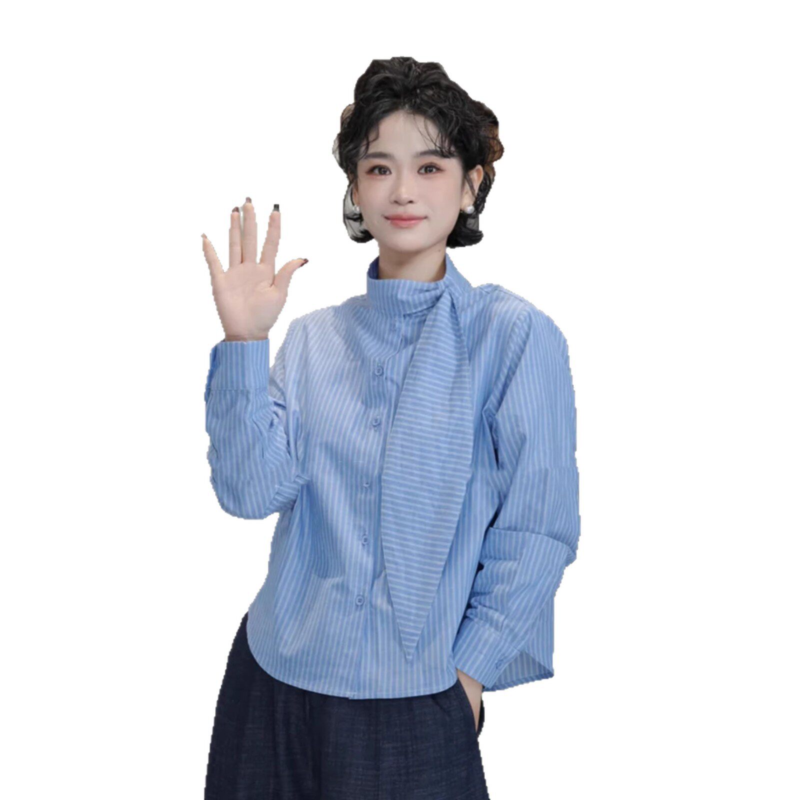 韩版系带兔耳飘带条纹立领单排扣衬衫女2026春季新款宽松显瘦上衣