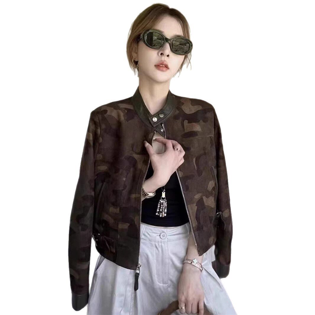 欧货复古立领迷彩短款外套女2026春季新款宽松显瘦百搭机车风夹克