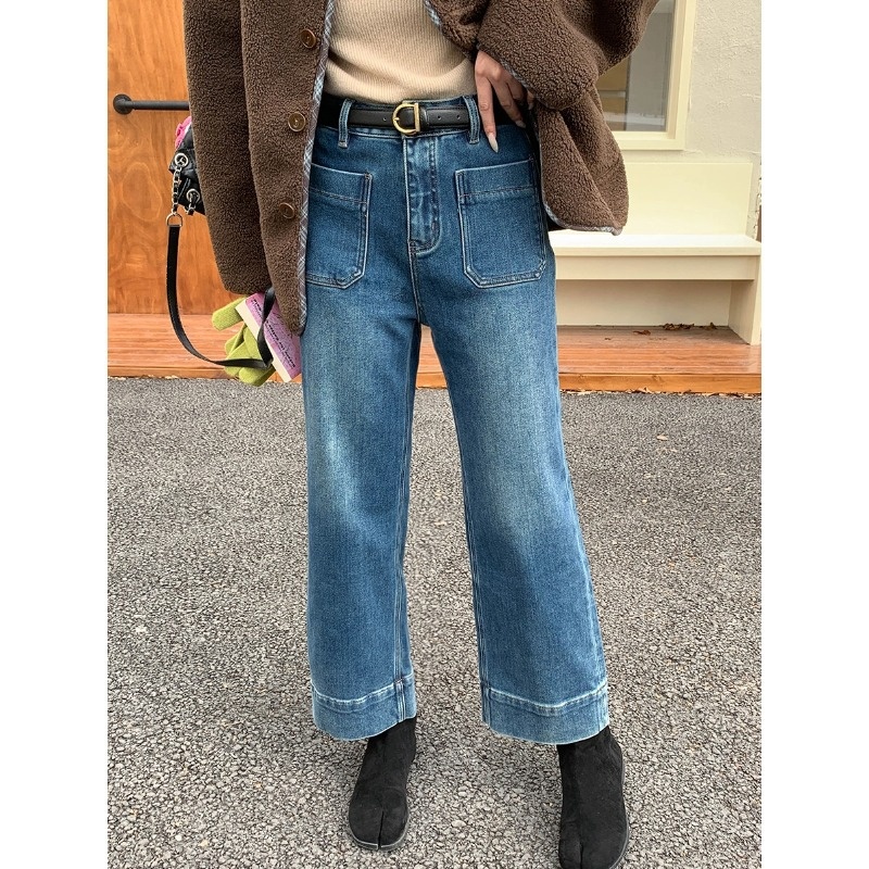 3th Morning 反穿设计 水洗蓝阔腿直筒九分薄绒牛仔裤ZY3589