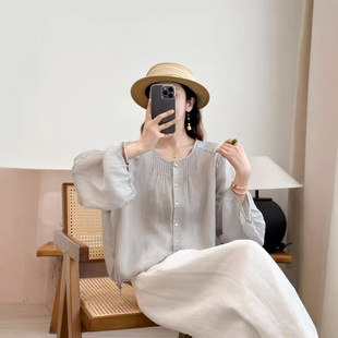 2026年春款衬衫长袖苎麻风琴褶衬衣宽松休闲韩版薄款衬衣上衣新款