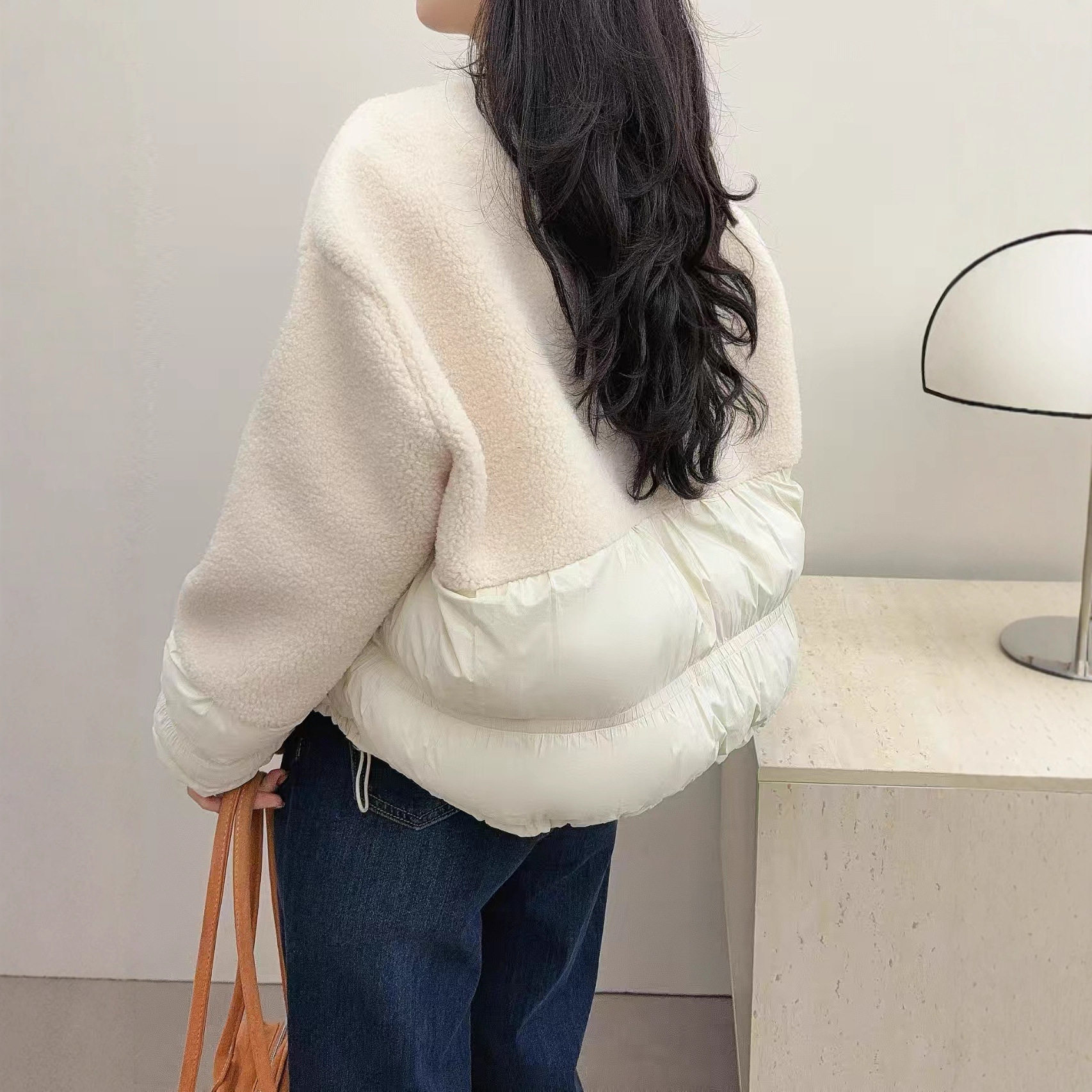 韩系羊羔毛拼接棉服外套女设计感复古保暖百搭小个子夹棉加厚棉衣