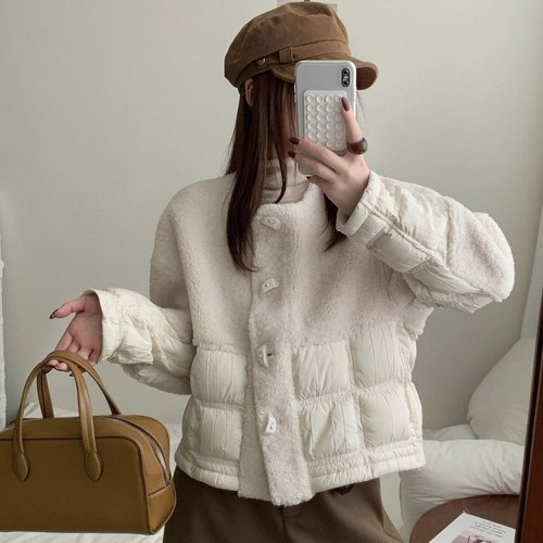 高端韩版宽松加厚羊羔毛拼接羽绒服女25冬新款时尚白鸭绒保暖外套