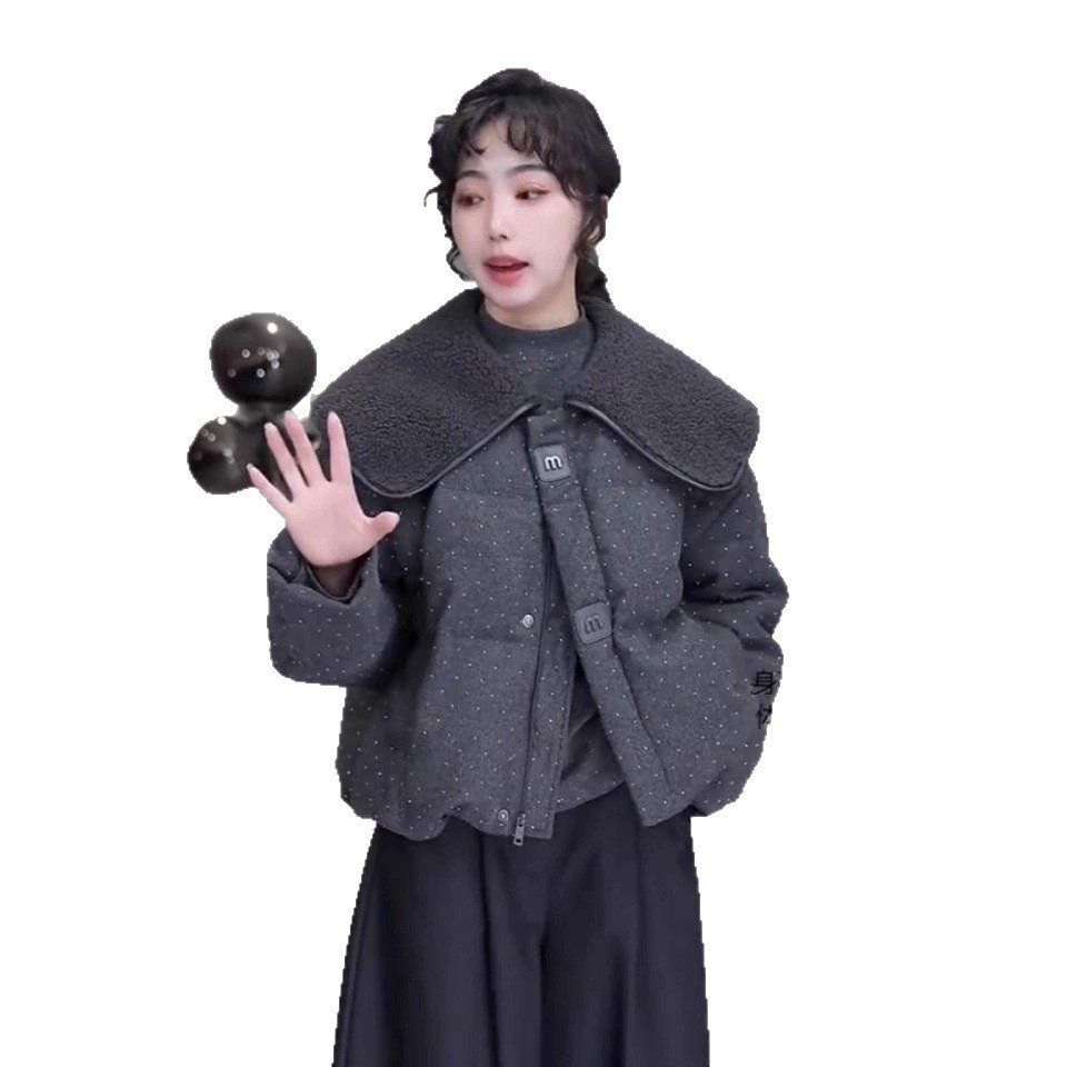2025年冬款棉服女烫钻加棉加厚保暖棉衣羊羔毛大翻领棉袄外套上衣