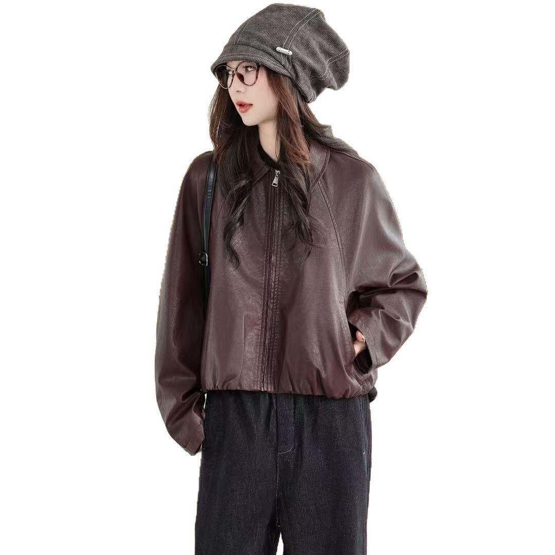 26年春款皮衣外套女宽松休闲韩版开衫长袖外套短款慵懒风上衣新款