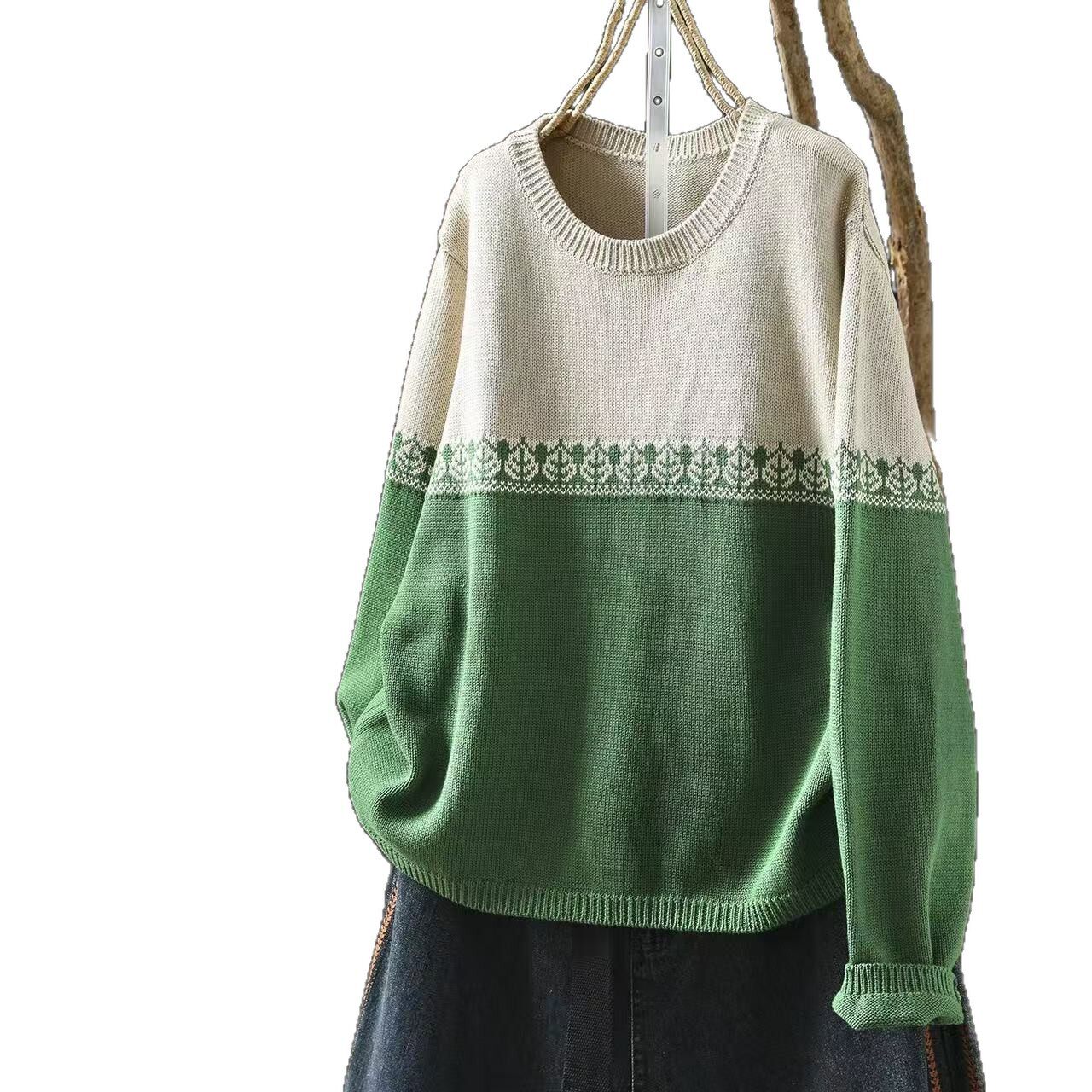 26春款毛衣女渐变撞色圆领学院风棉线毛衣宽松休闲韩版毛衣针织衫