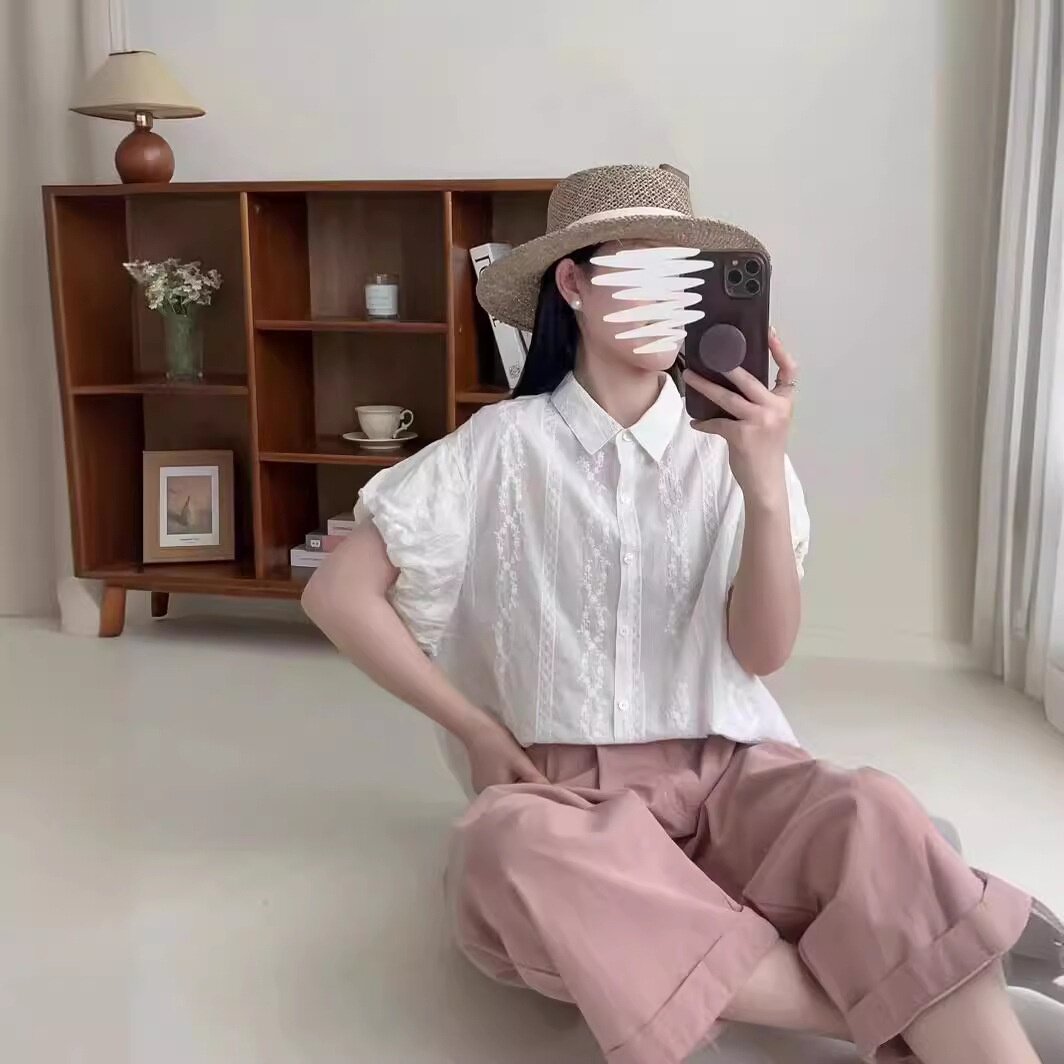 2024年新款衬衫短袖女提花亲肤透气衬衣宽松韩版学院风灯笼袖