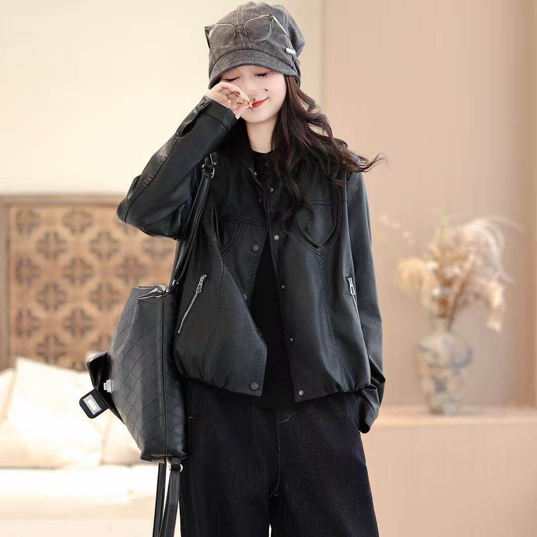 26年春款皮衣外套女新款夹克宽松休闲韩版长袖皮衣外套上衣棒球服