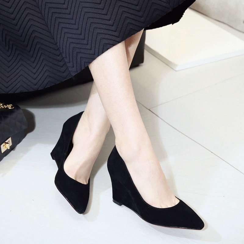 2019春季新款磨砂真皮尖头高跟坡跟单鞋女黑色职业时尚浅口女鞋潮|ruв категории Женская обувь, низкий чистка - от Buy2taobao.com для оказания профессиональной услуги покупки агента Taobao