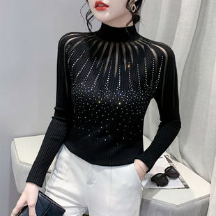 欧货镂空毛衣女秋冬性感网纱拼接烫钻针织衫长袖紧身内搭打底上衣