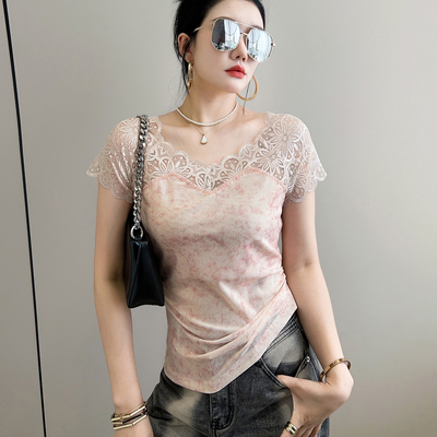 女装2026夏季新款性感V领透视蕾丝短袖t恤设计感印花修身上衣小衫