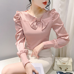 春装 性感斜领T恤女长袖 洋气蝴蝶结钉珠上衣紧身百搭打底衫 潮 新款