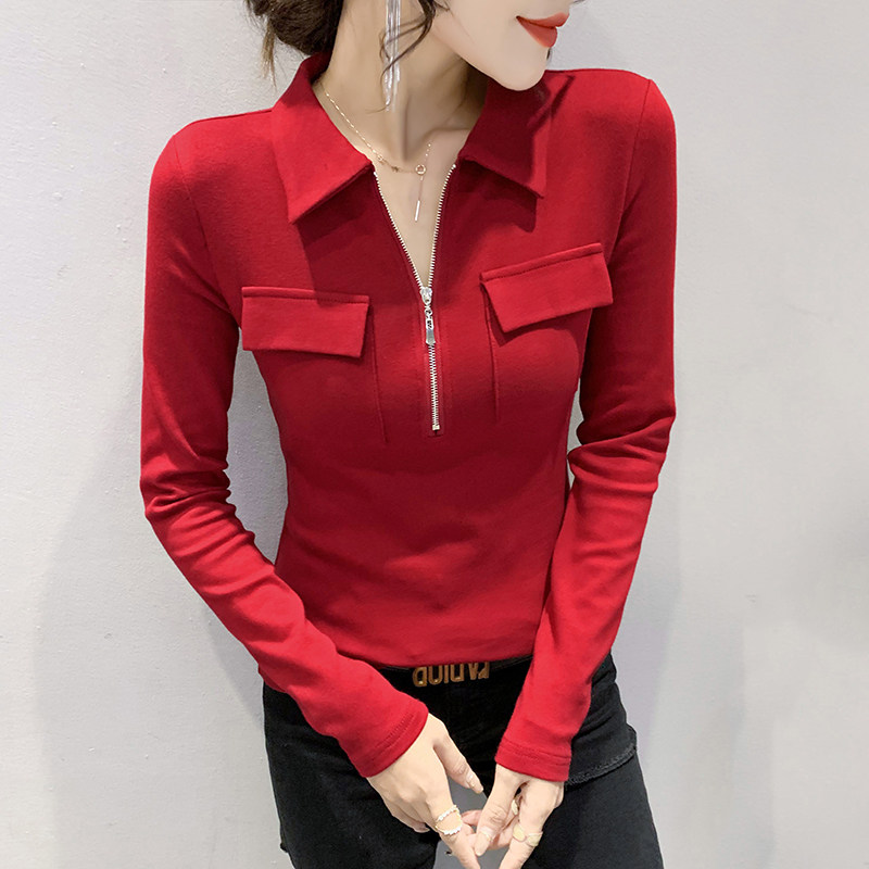 时尚拉链POLO领T恤女长袖打底衫