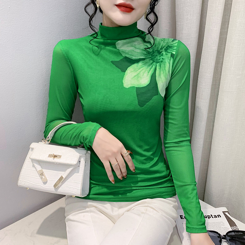 高领网纱打底衫长袖紧身内搭上衣