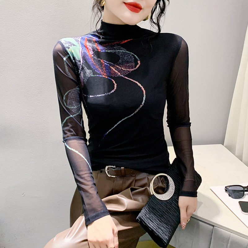 欧货时尚印花网纱打底衫女