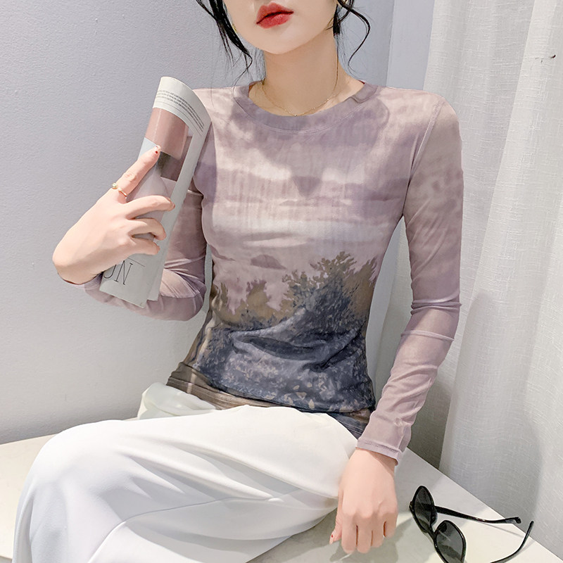 时尚水墨画印花t恤女长袖秋装百搭圆领微透网纱薄款打底衫上衣潮