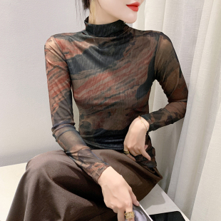 女士秋装 洋气网纱长袖 半高领印花打底衫 新款 上衣 t恤修身 内搭小衫