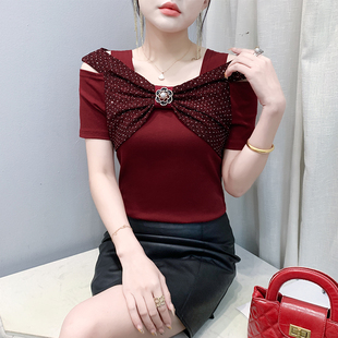 时髦女人味钉钻上衣女夏装新款性感露肩锁骨短袖T恤修身半袖体恤