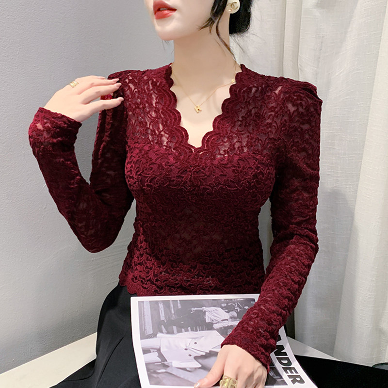 性感植绒蕾丝衫蕾丝泡泡袖