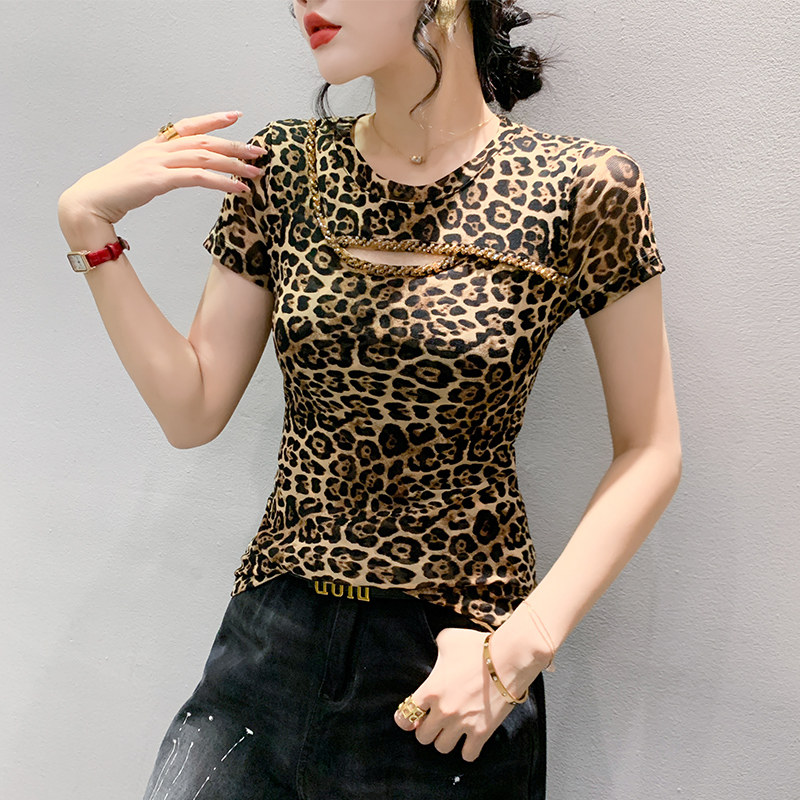 性感镂空网纱短袖时尚钉珠上衣女