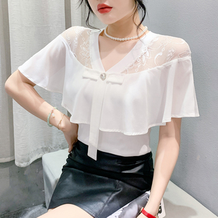 白色蕾丝拼接雪纺上衣女夏装性感V领荷叶袖短袖T恤修身半袖体恤衫