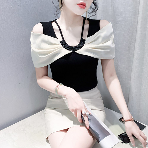 性感露肩拼色钉珠短袖T恤女