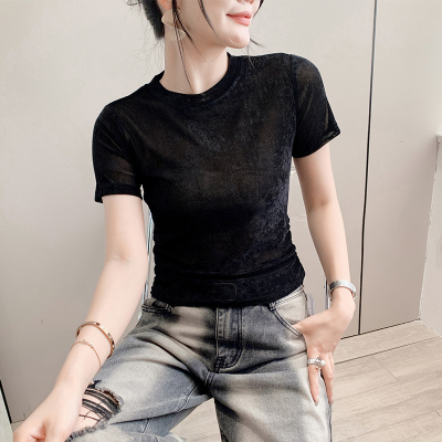 欧货冰花绒褶皱收腰短袖T恤女
