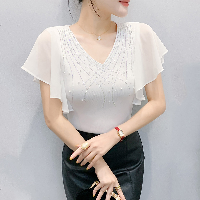 时髦荷叶花边V领钉钻短袖T恤女
