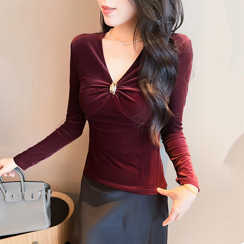 性感V领扭结高级感丝绒打底衫女