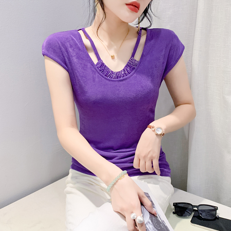性感V领挂脖高级感钉珠T恤女