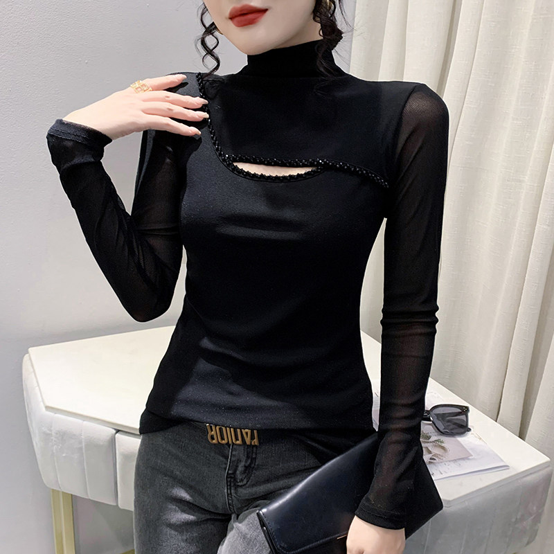 高领网纱打底衫长袖时尚钉珠上衣