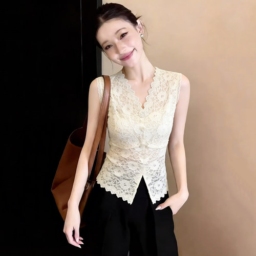 夏季新款性感V领蕾丝开叉背心女