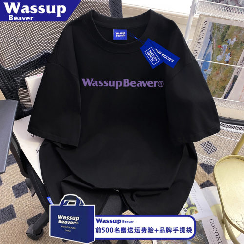 WASSUP BEAVER美式夏季男女短袖T恤字母印花重磅宽松情侣纯棉上衣