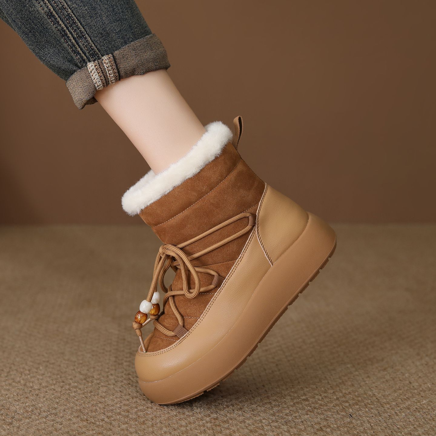 真皮雪地靴冬季新款复古平底加绒棉靴百搭厚底休闲磨砂皮短靴女靴